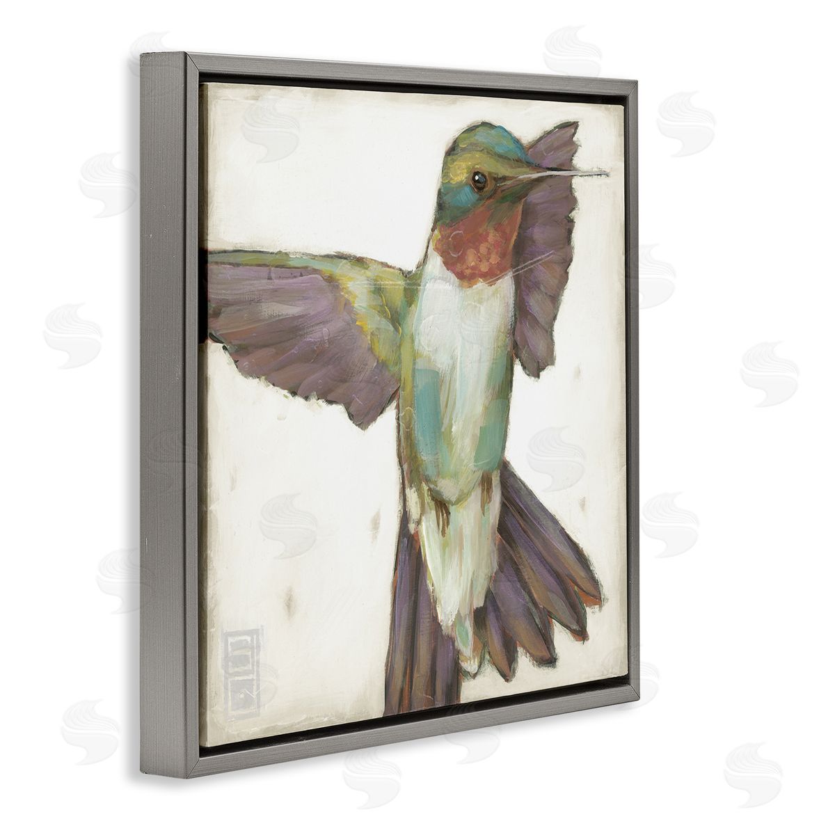 Stacy D'Aguiar Hummingbird in Muted Tones Gray Floating Frame Canvas Wall Art Print