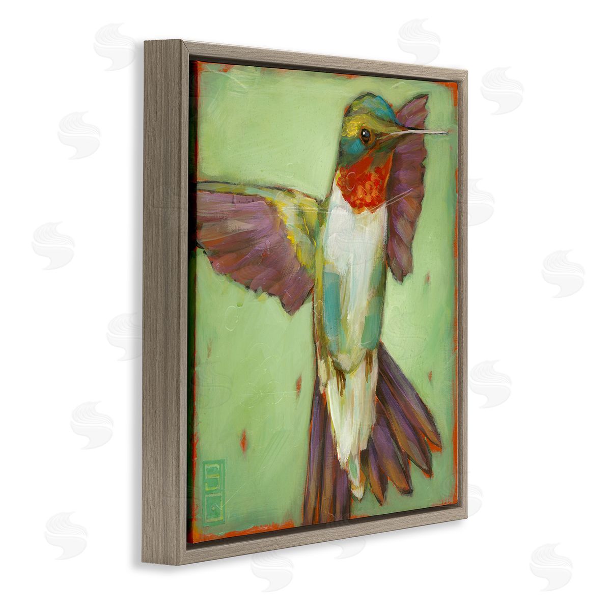 Stacy D'Aguiar Green Hummingbird Flying Brown Floating Frame Canvas Wall Art Print