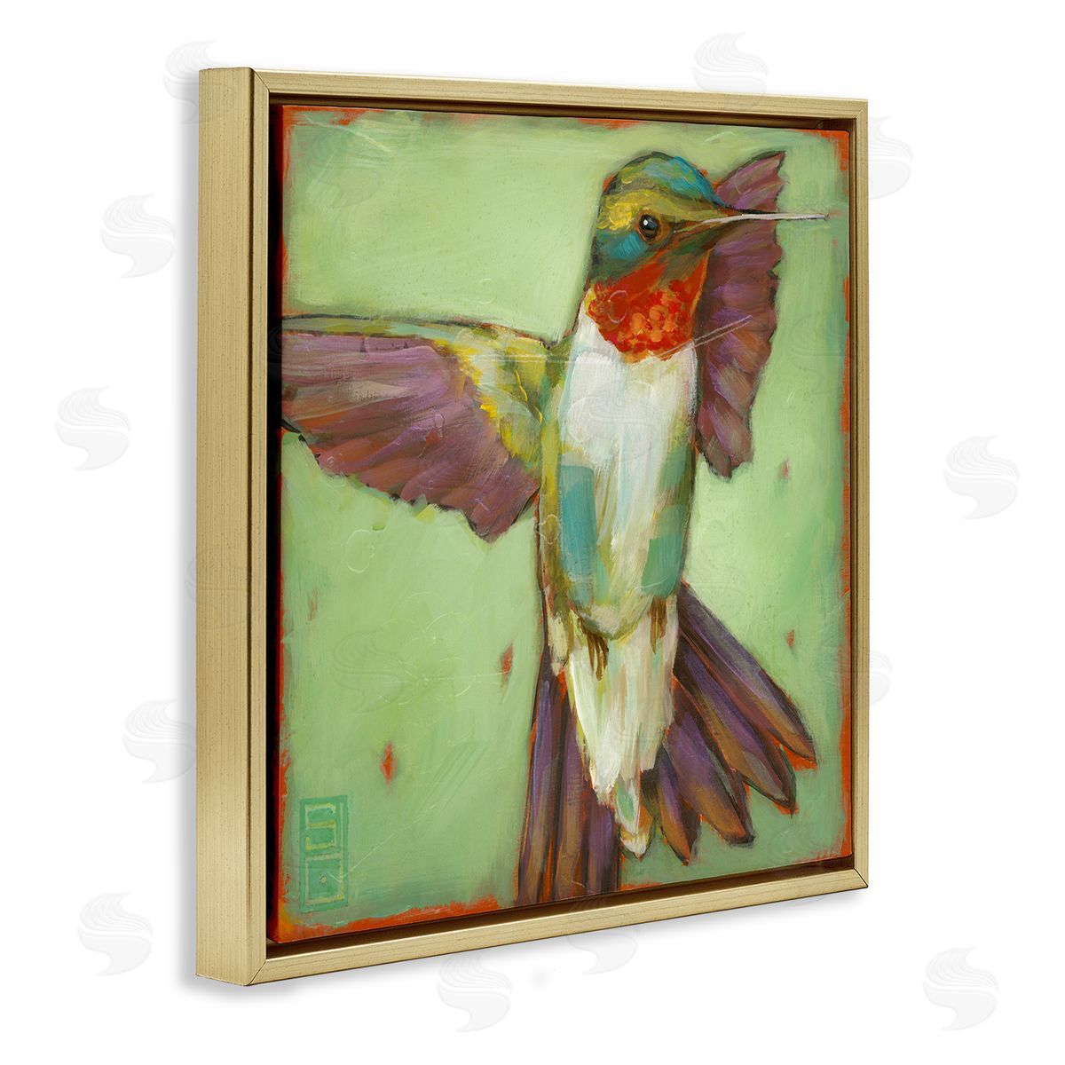Stacy D'Aguiar Green Hummingbird Flying Gold Floating Frame Canvas Wall Art Print