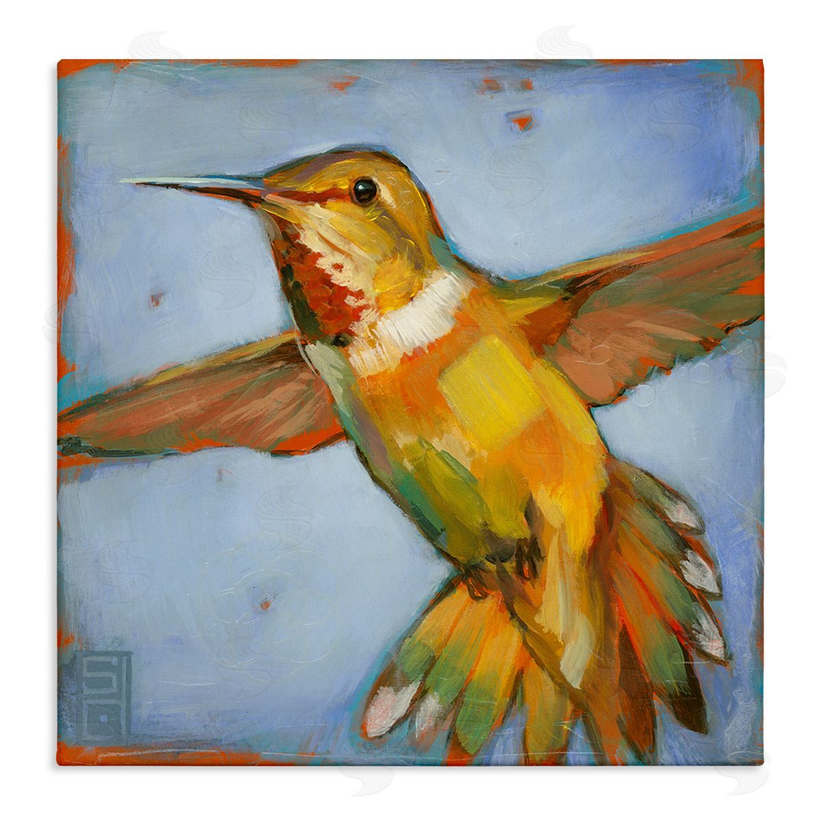 Stacy D'Aguiar Hummingbird on Blue Stretched Canvas Wall Art Print