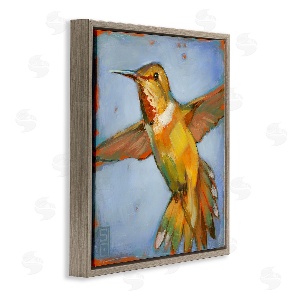 Stacy D'Aguiar Hummingbird on Blue Brown Floating Frame Canvas Wall Art Print