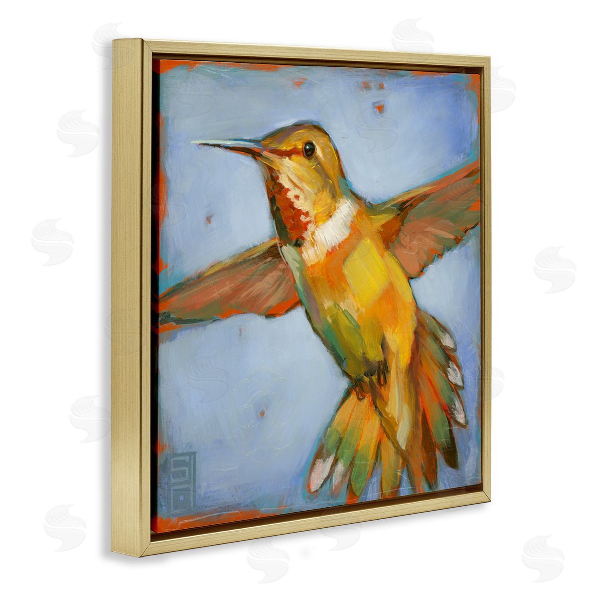 Stacy D'Aguiar Hummingbird on Blue Gold Floating Frame Canvas Wall Art Print