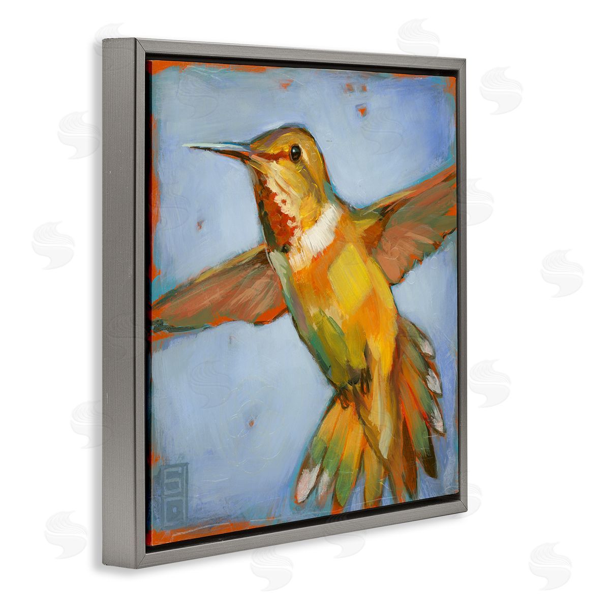 Stacy D'Aguiar Hummingbird on Blue Gray Floating Frame Canvas Wall Art Print