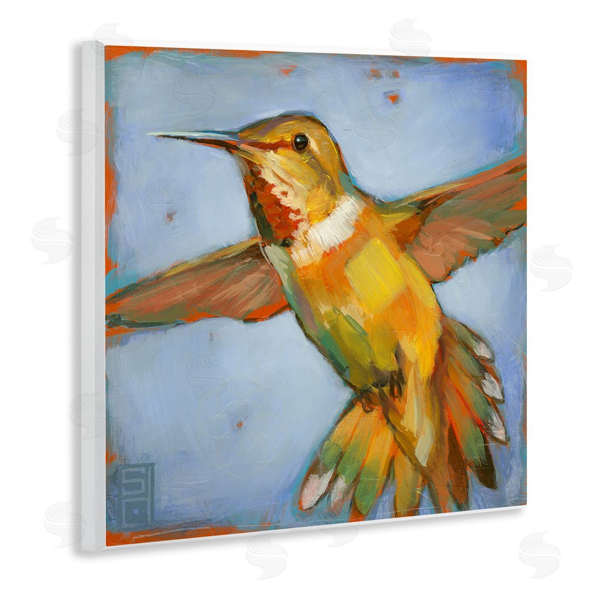 Stacy D'Aguiar Hummingbird on Blue Wooden Wall Plaque Art Print
