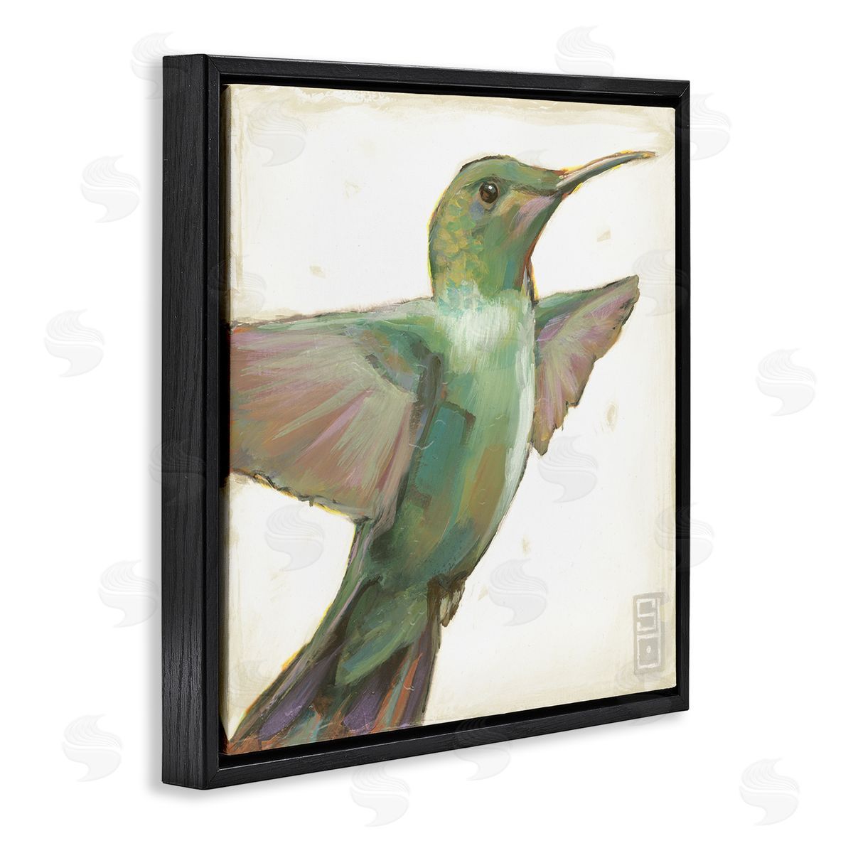 Stacy D'Aguiar Green Hummingbird Painting Black Floating Frame Canvas Wall Art Print