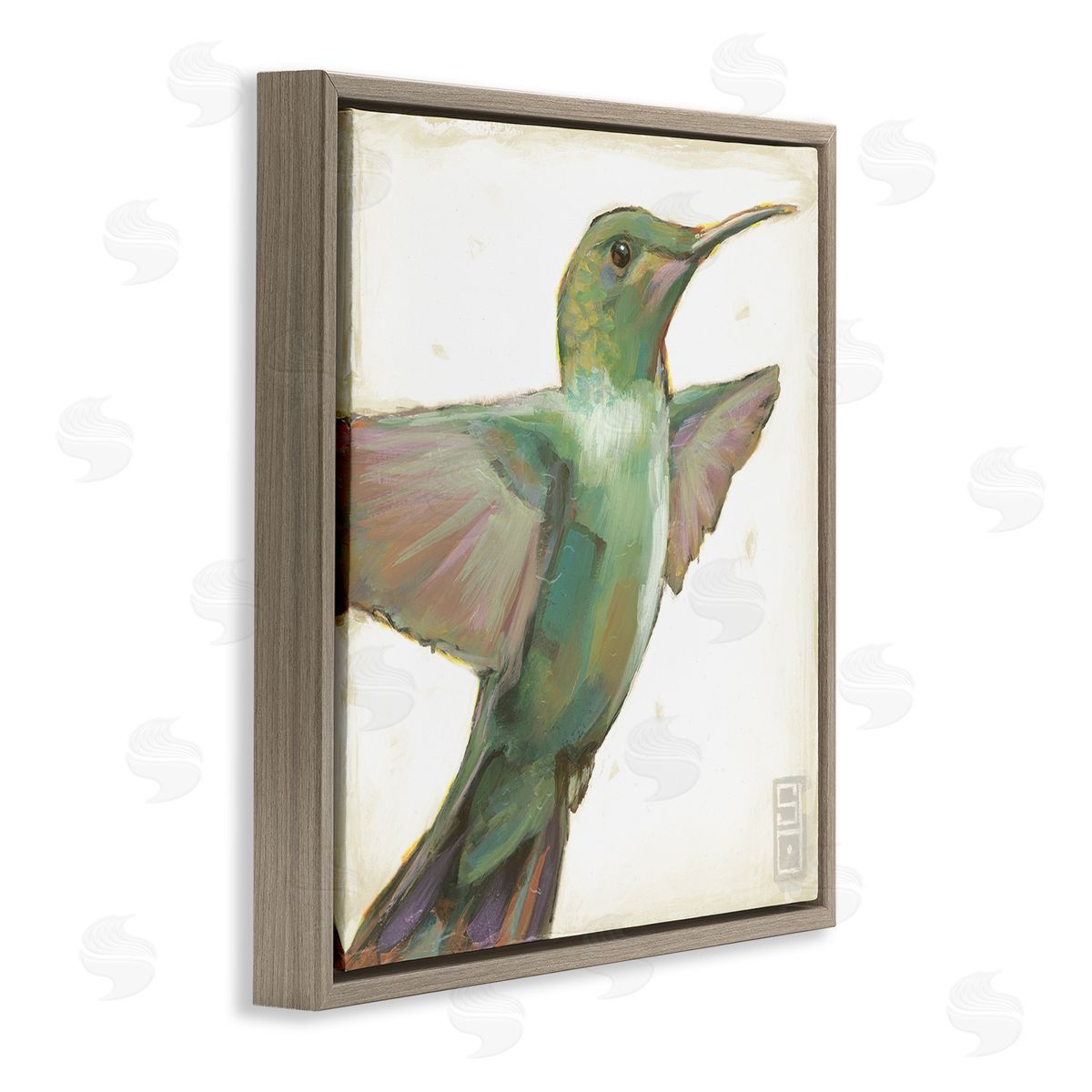 Stacy D'Aguiar Green Hummingbird Painting Brown Floating Frame Canvas Wall Art Print