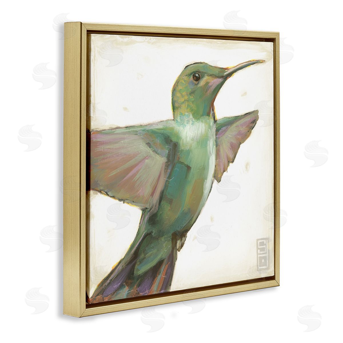 Stacy D'Aguiar Green Hummingbird Painting Gold Floating Frame Canvas Wall Art Print