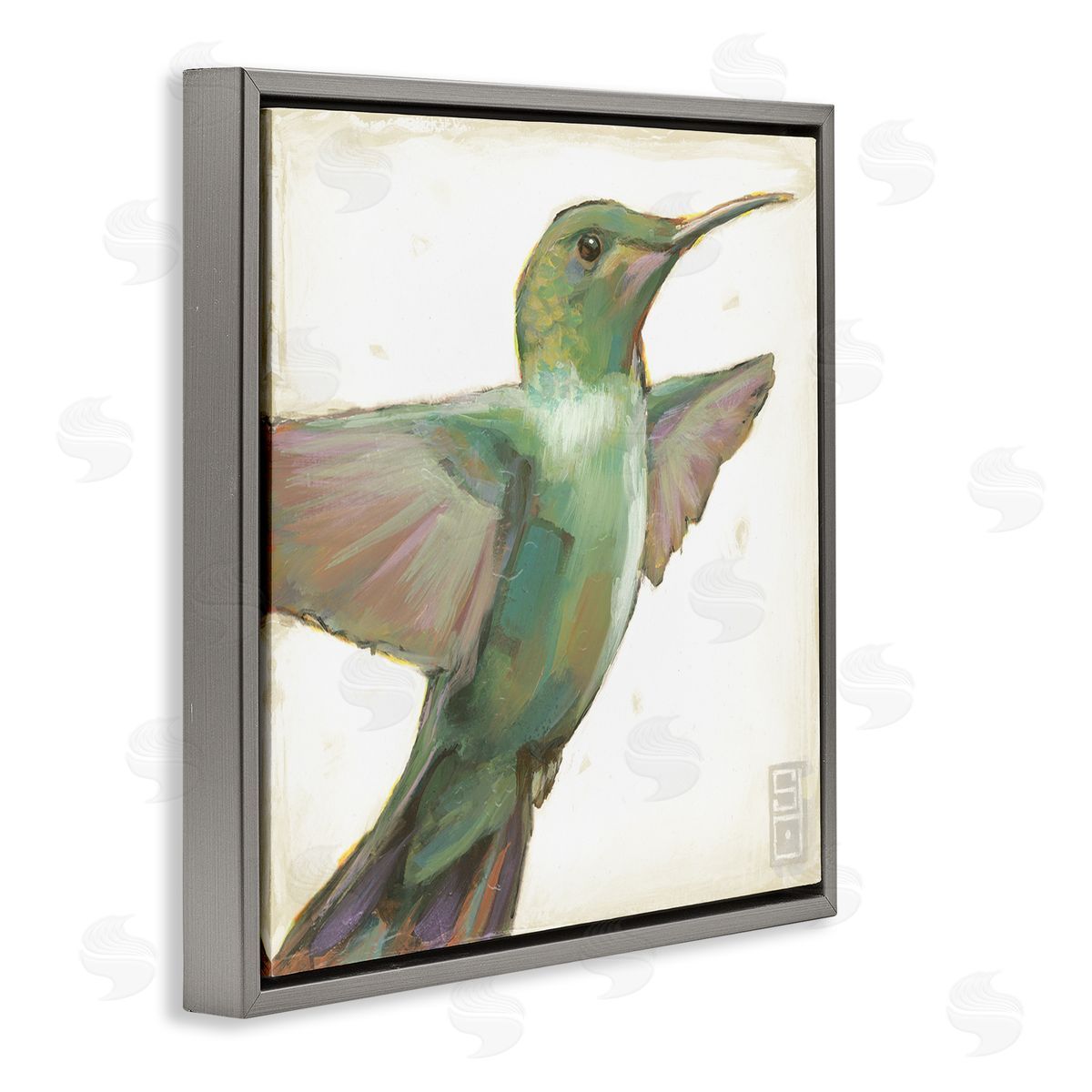Stacy D'Aguiar Green Hummingbird Painting Gray Floating Frame Canvas Wall Art Print