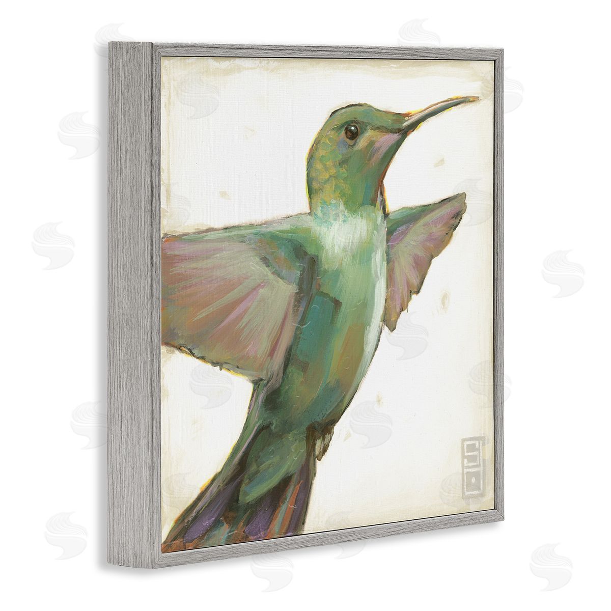 Stacy D'Aguiar Green Hummingbird Painting Gray Framed Glicee Wall Art Print