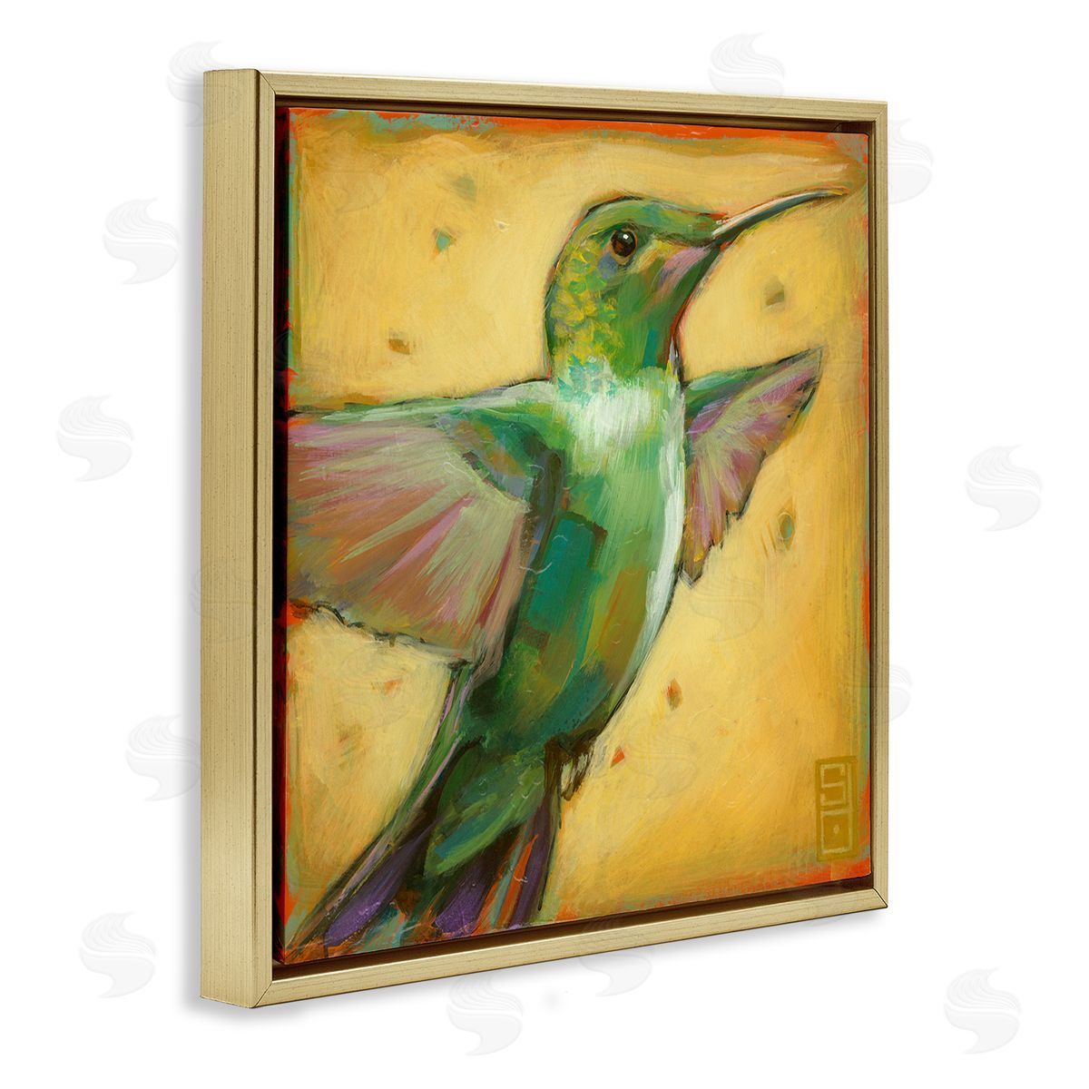 Stacy D'Aguiar Flying Hummingbird Painting Gold Floating Frame Canvas Wall Art Print