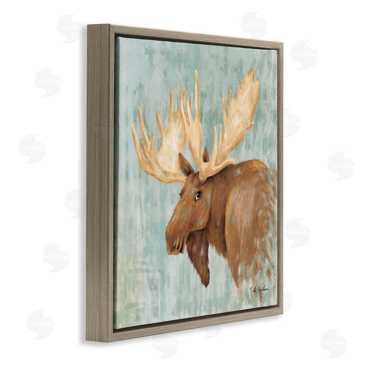 Nidhi Wadhwa Happy Moose Portrait Brown Floating Frame Canvas Wall Art Print