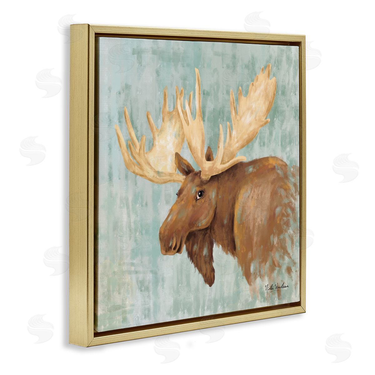 Nidhi Wadhwa Happy Moose Portrait Gold Floating Frame Canvas Wall Art Print