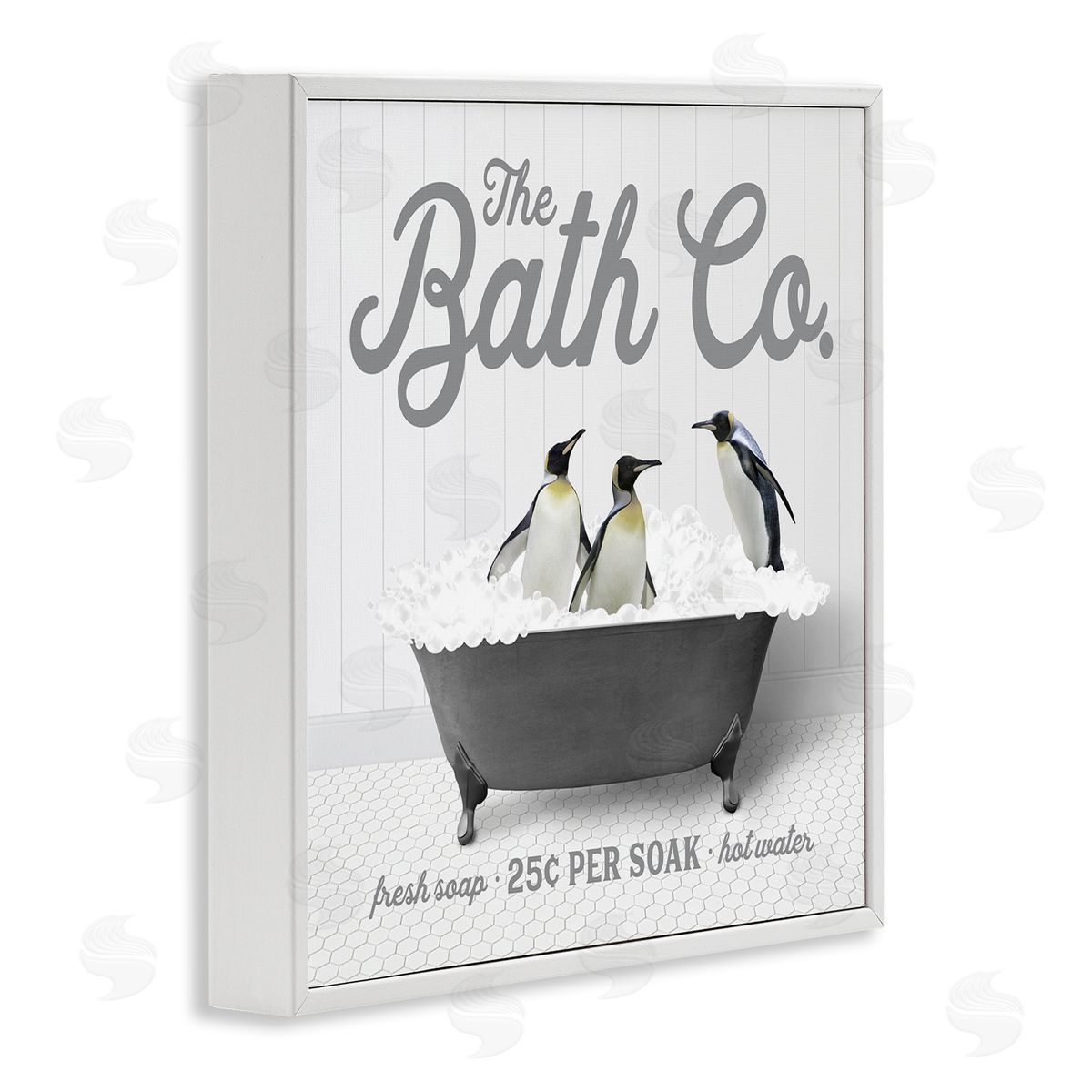 Lettered and Lined Bubble Bath Penguins White Framed Glicee Wall Art Print