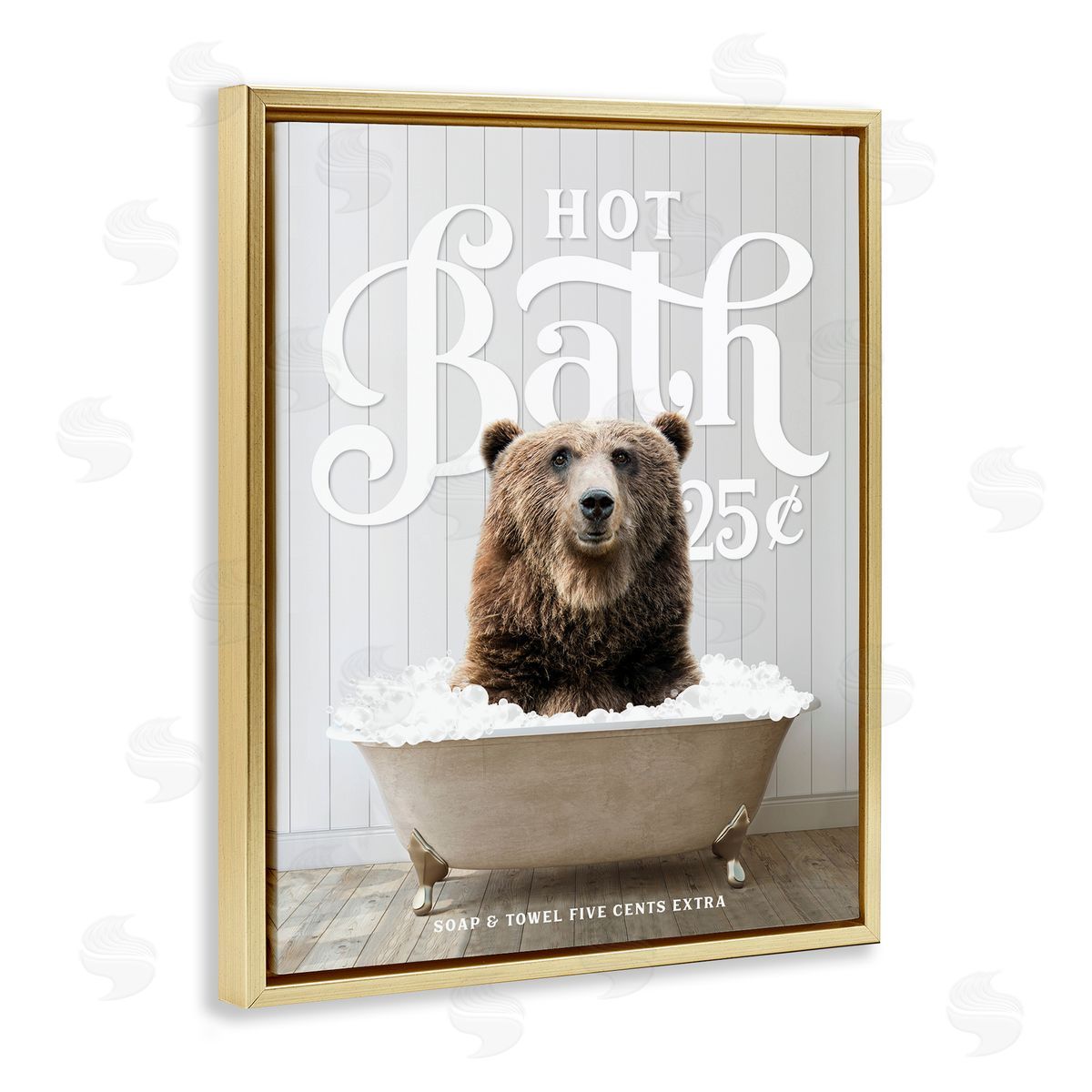 Vintage Bathroom Bear Ad Gold Floating Frame Canvas Wall Art, Home Decor by Lettered and Lined