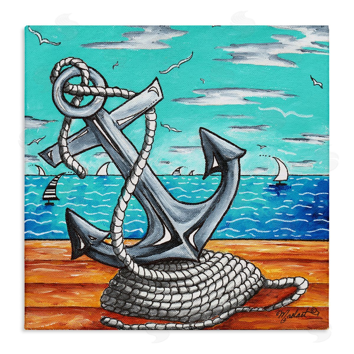 Megan Duncanson Maritime Anchor on Beach Stretched Canvas Wall Art Print