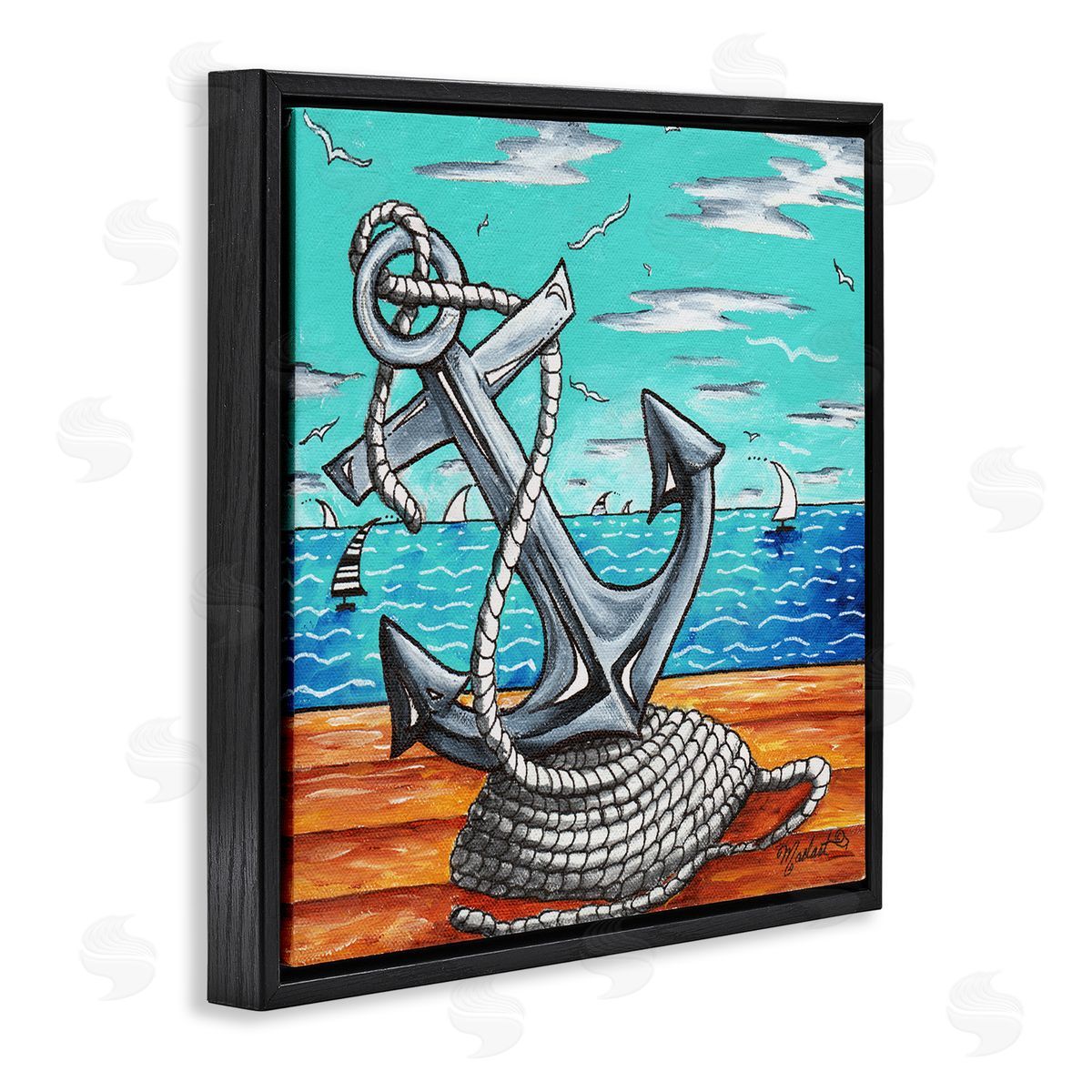 Megan Duncanson Maritime Anchor on Beach Black Floating Frame Canvas Wall Art Print