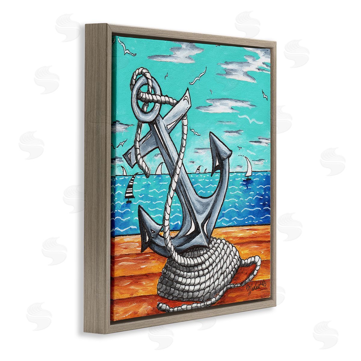 Megan Duncanson Maritime Anchor on Beach Brown Floating Frame Canvas Wall Art Print