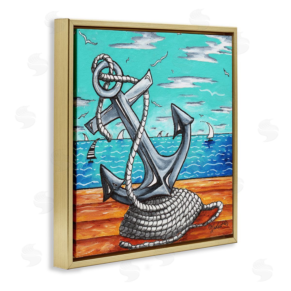 Megan Duncanson Maritime Anchor on Beach Gold Floating Frame Canvas Wall Art Print