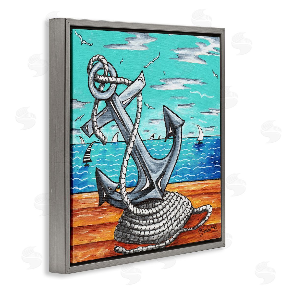 Megan Duncanson Maritime Anchor on Beach Gray Floating Frame Canvas Wall Art Print