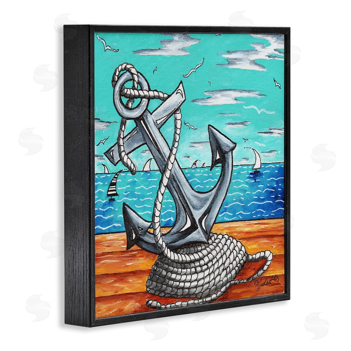 Megan Duncanson Maritime Anchor on Beach Black Framed Glicee Wall Art Print