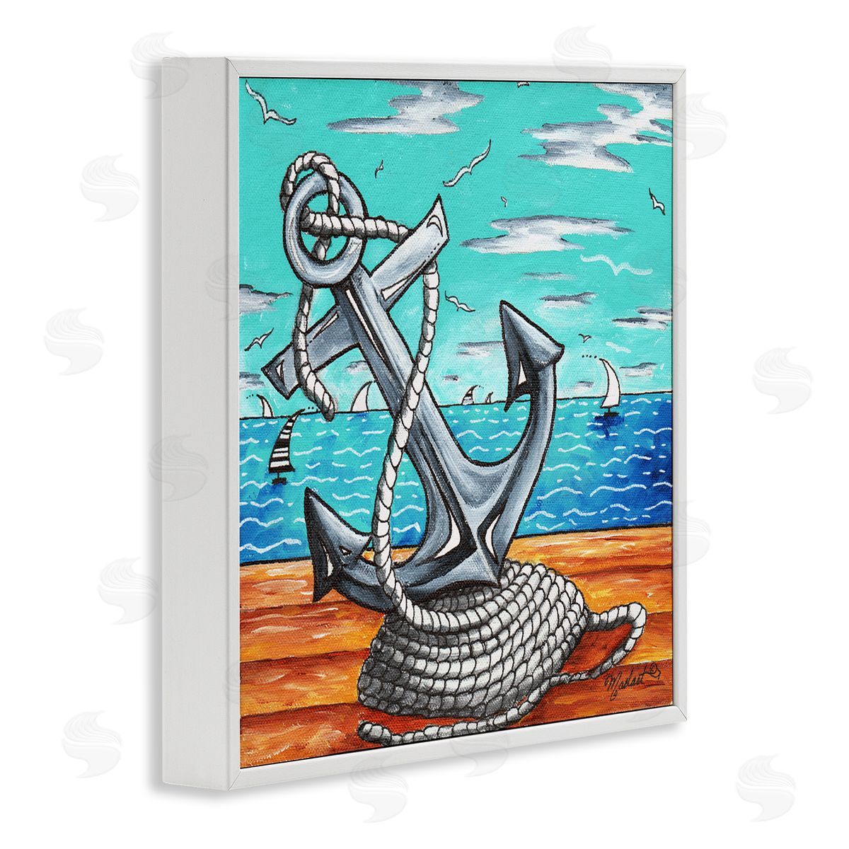 Megan Duncanson Maritime Anchor on Beach White Framed Glicee Wall Art Print