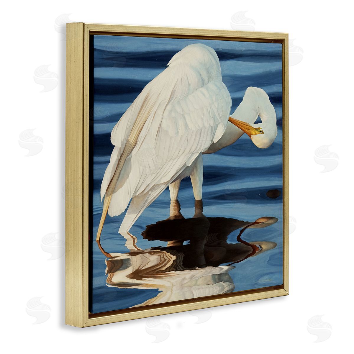 David Kiehm Crane Bird Preening  Gold Floating Frame Canvas Wall Art Print