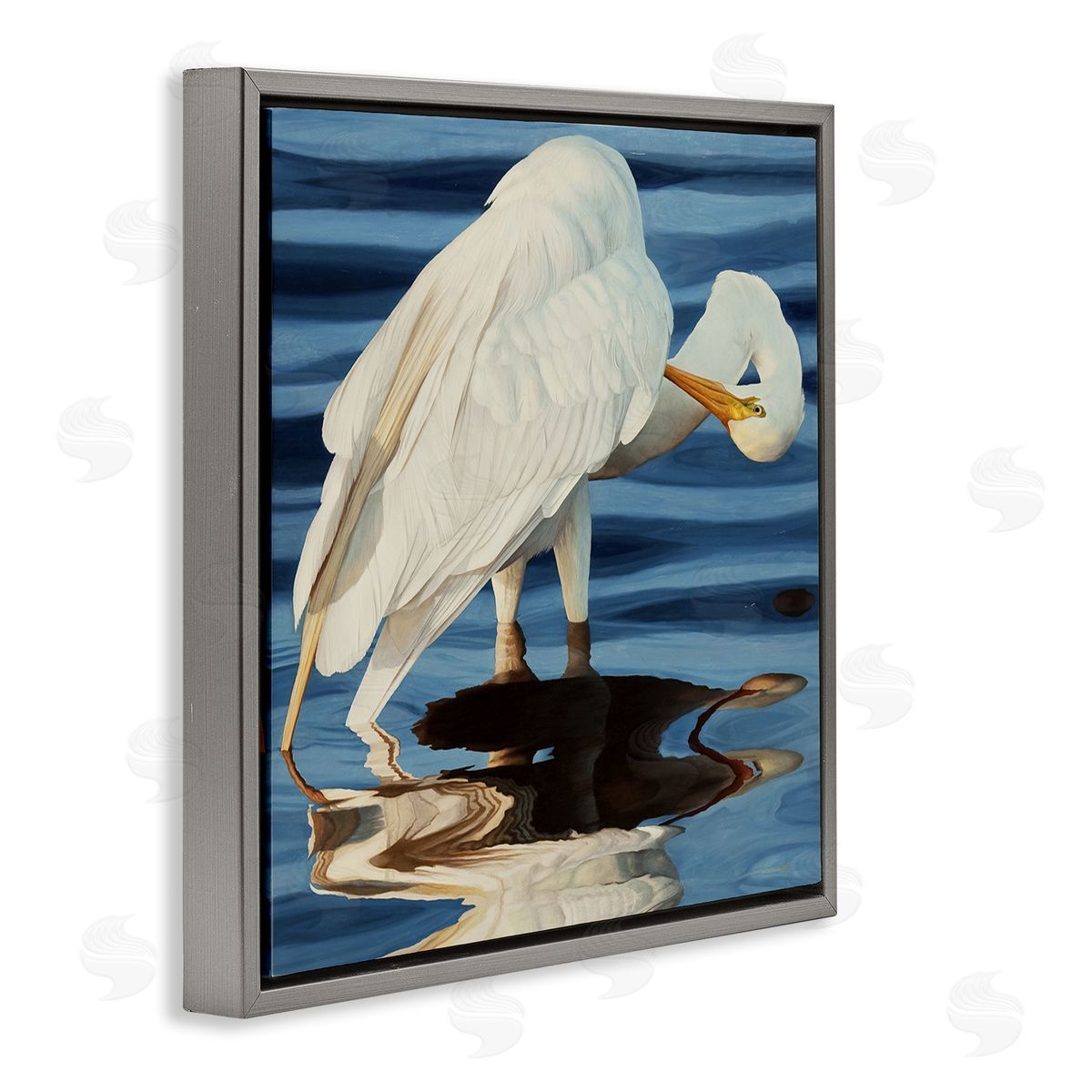 David Kiehm Crane Bird Preening  Gray Floating Frame Canvas Wall Art Print
