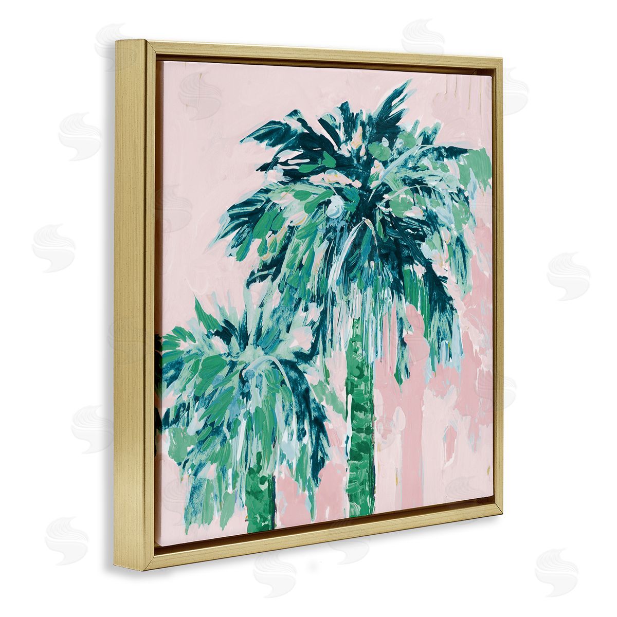 Jane Slivka Modern Green & Pink Palms Gold Floating Frame Canvas Wall Art Print