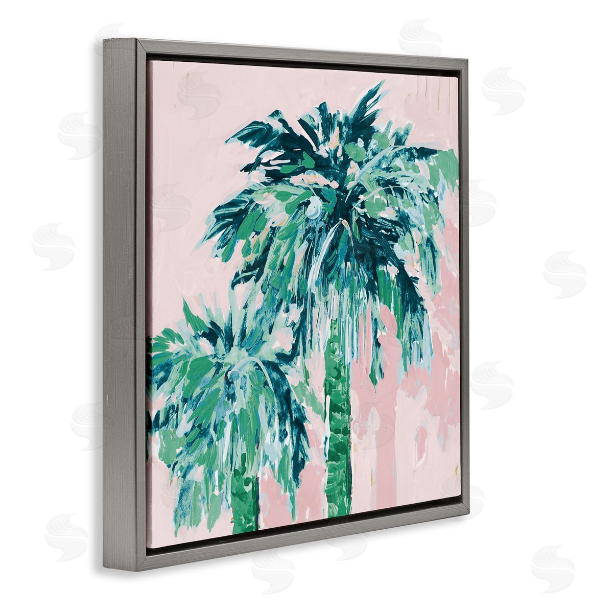 Jane Slivka Modern Green & Pink Palms Gray Floating Frame Canvas Wall Art Print