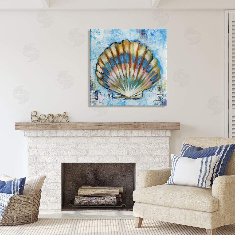 Liz Jardine Blue Clam Seashell Canvas Wall Art in Room