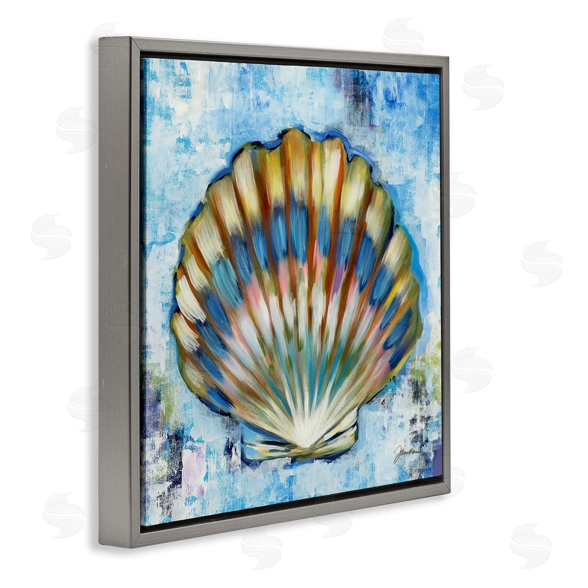Liz Jardine Blue Clam Seashell Gray Floating Frame Canvas Wall Art Print