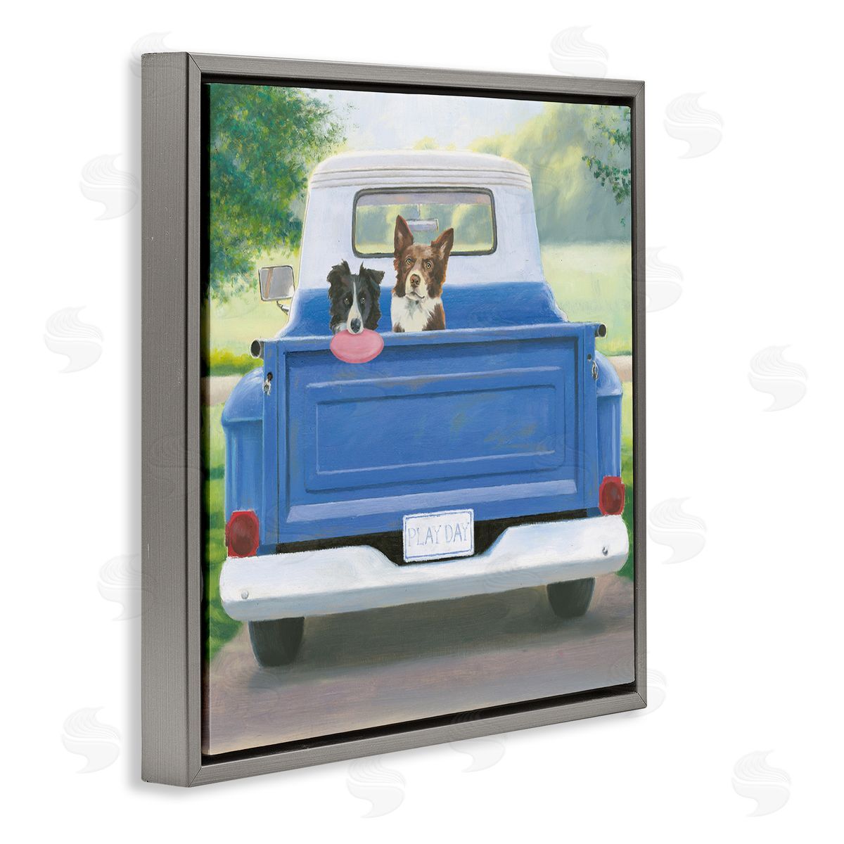 James Wiens Dogs in Country Truck Gray Floating Frame Canvas Wall Art Print