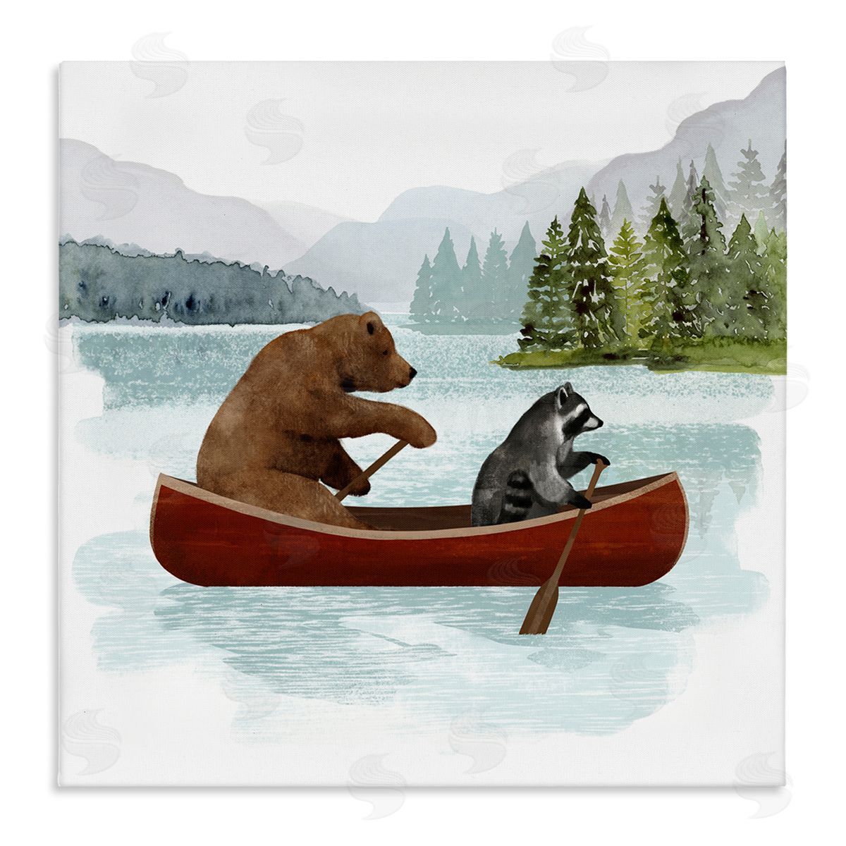 Victoria Barnes Raccoon & Bear Canoeing Stretched Canvas Wall Art Print