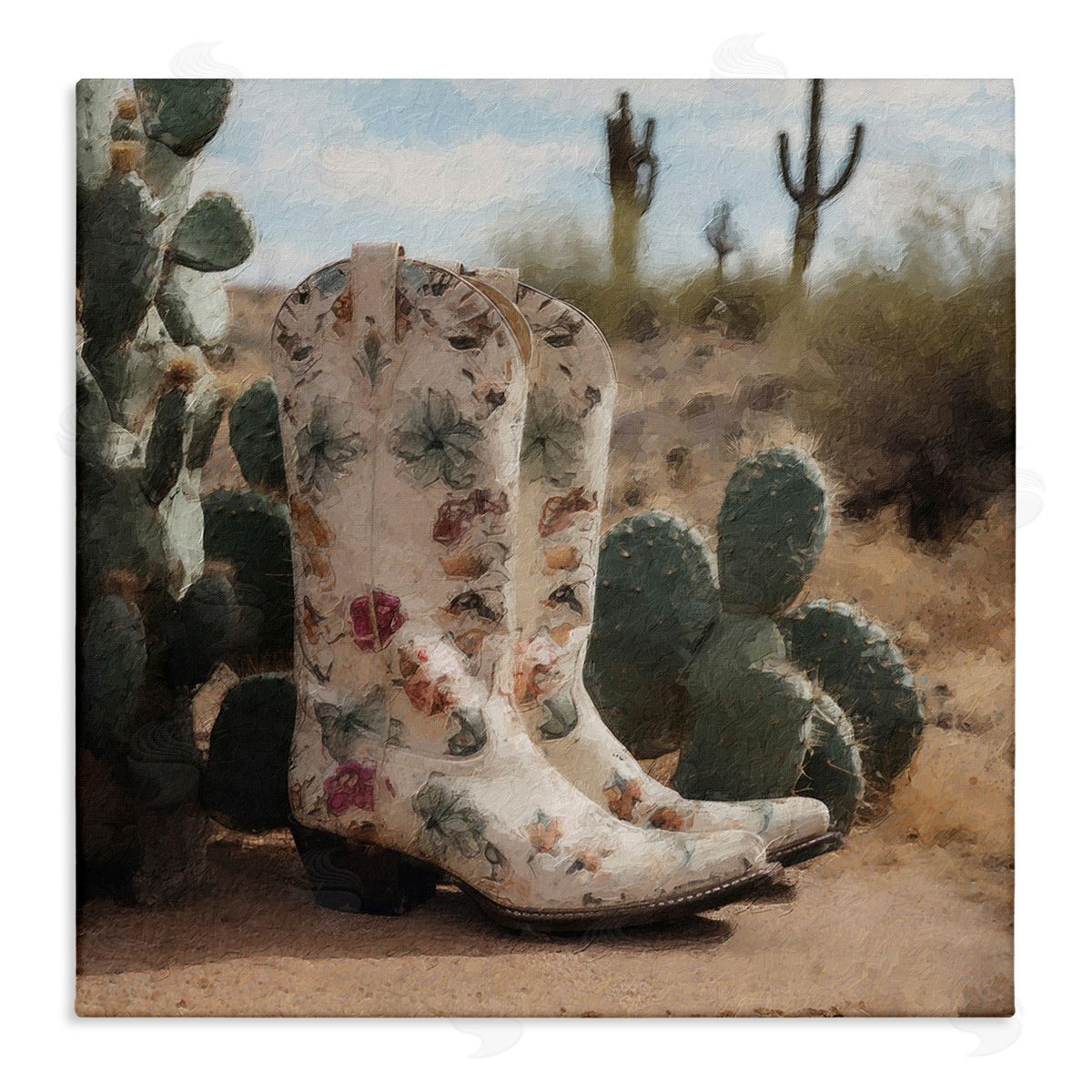 LSR Design Studio Floral Cowgirl Boots Stretched Canvas Wall Art Print