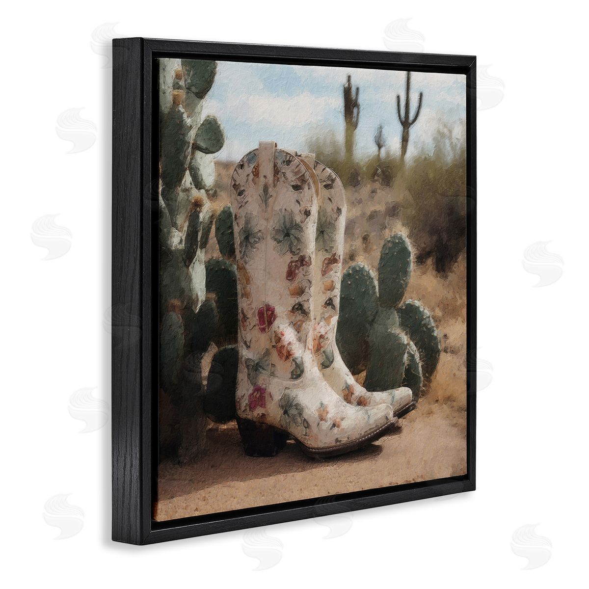 LSR Design Studio Floral Cowgirl Boots Black Floating Frame Canvas Wall Art Print