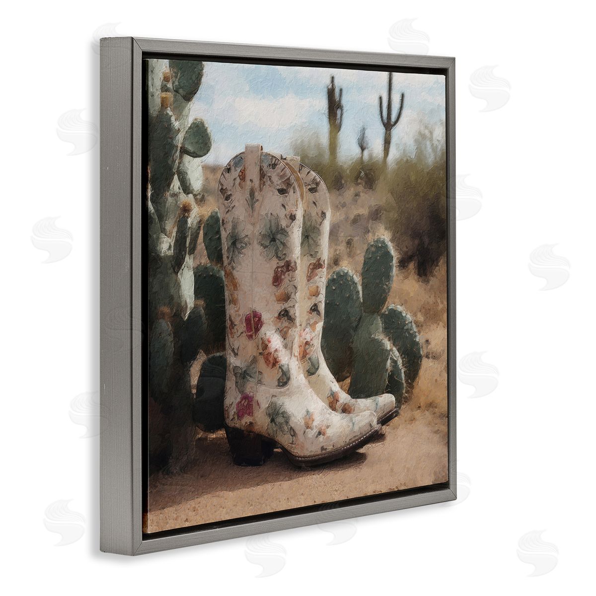 LSR Design Studio Floral Cowgirl Boots Gray Floating Frame Canvas Wall Art Print