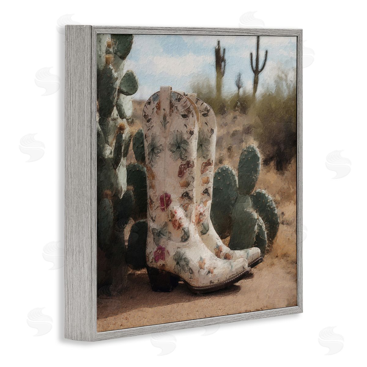 LSR Design Studio Floral Cowgirl Boots Gray Framed Glicee Wall Art Print