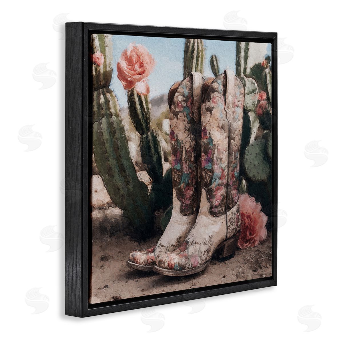 LSR Design Studio Boots with Cactus Flowers Black Floating Frame Canvas Wall Art Print