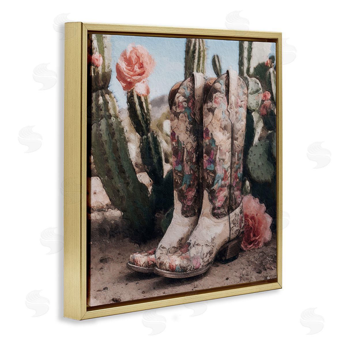 LSR Design Studio Boots with Cactus Flowers Gold Floating Frame Canvas Wall Art Print