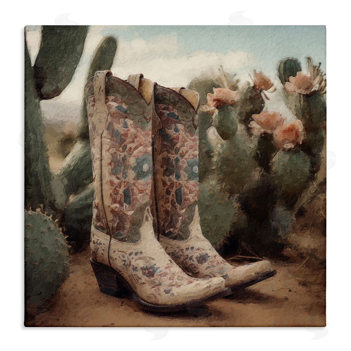 LSR Design Studio Cowboy Boots & Cactus Stretched Canvas Wall Art Print