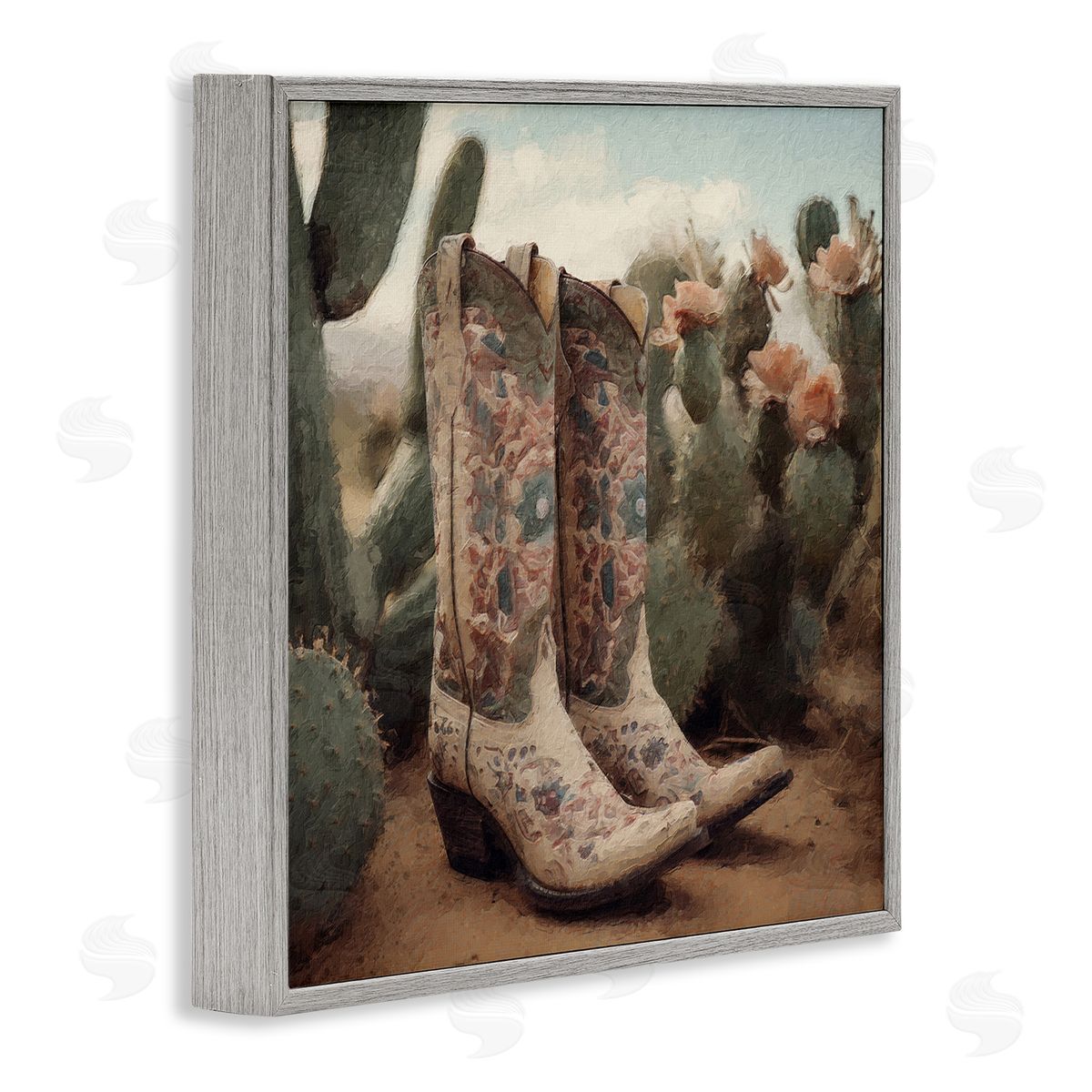 LSR Design Studio Cowboy Boots & Cactus Gray Framed Glicee Wall Art Print