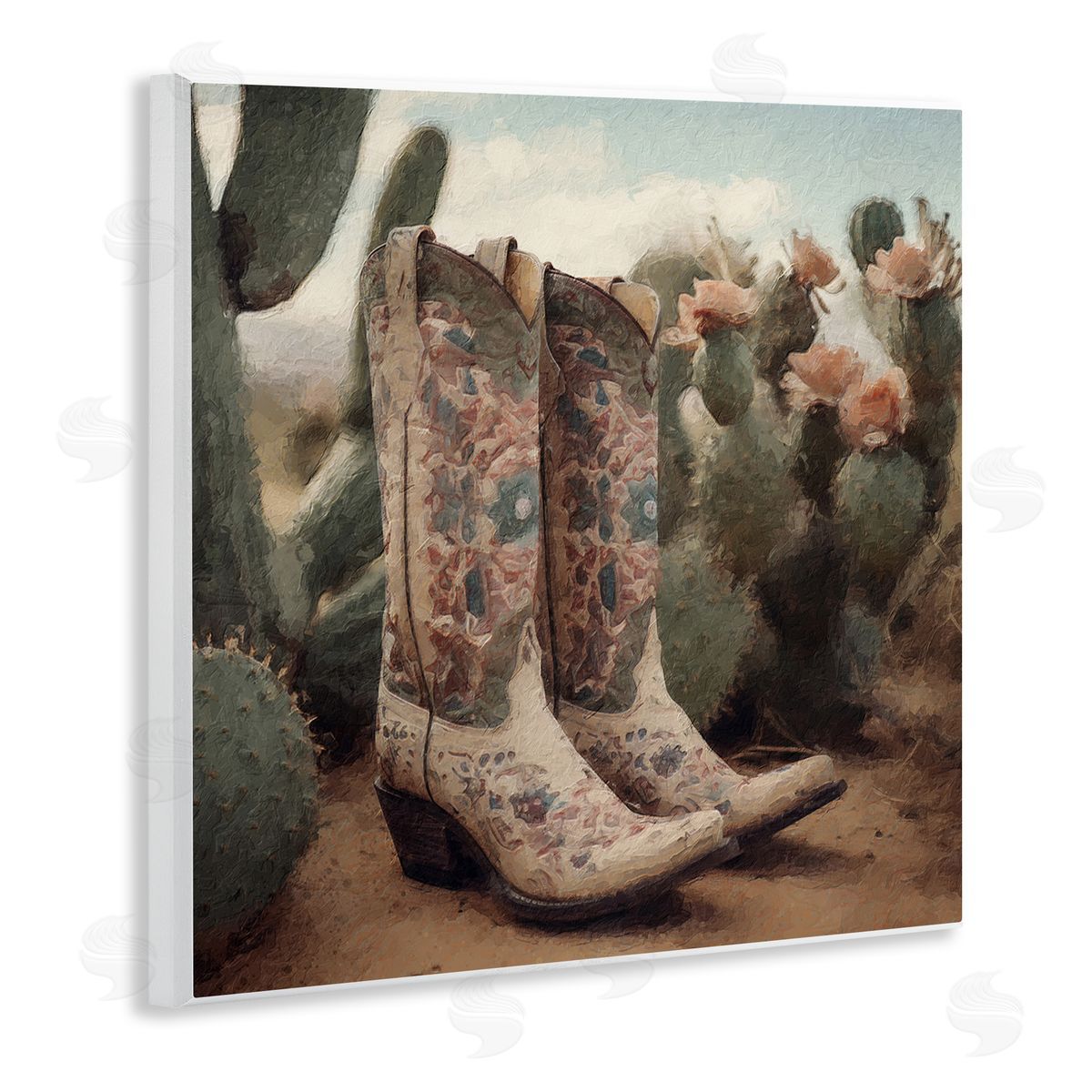 LSR Design Studio Cowboy Boots & Cactus Wooden Wall Plaque Art Print