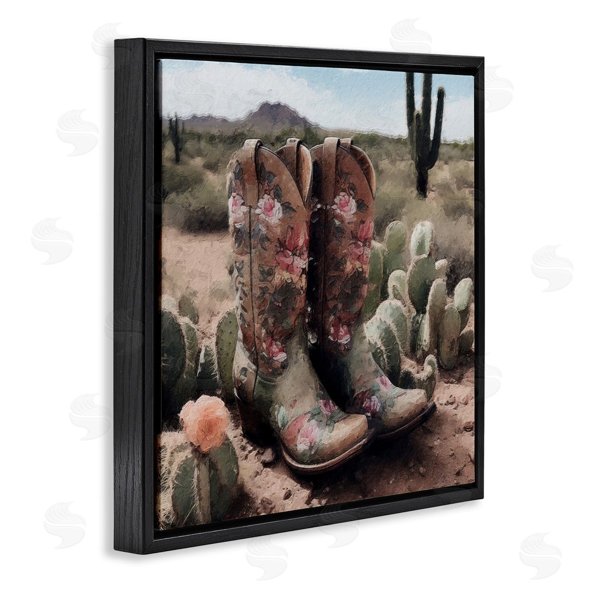LSR Design Studio Southwestern Boots Landscape Black Floating Frame Canvas Wall Art Print