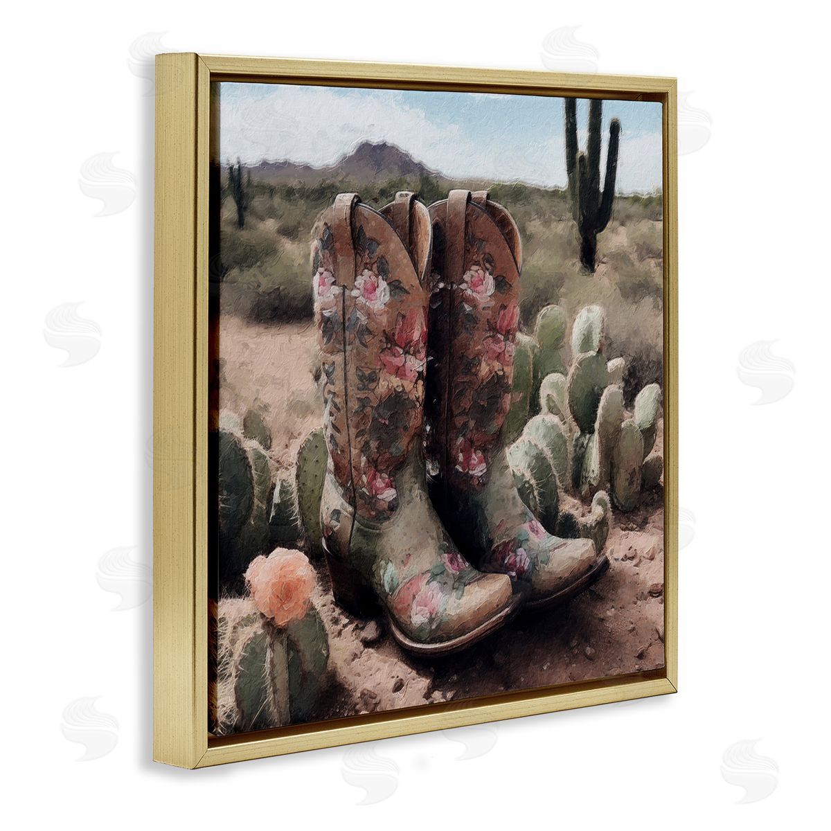 LSR Design Studio Southwestern Boots Landscape Gold Floating Frame Canvas Wall Art Print