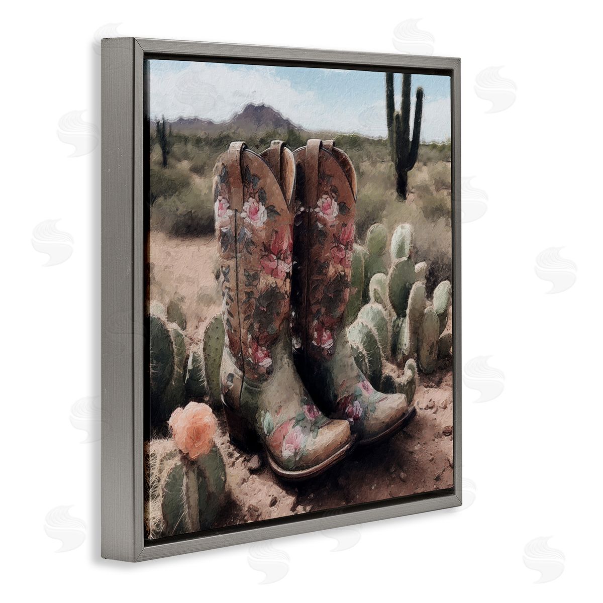 LSR Design Studio Southwestern Boots Landscape Gray Floating Frame Canvas Wall Art Print