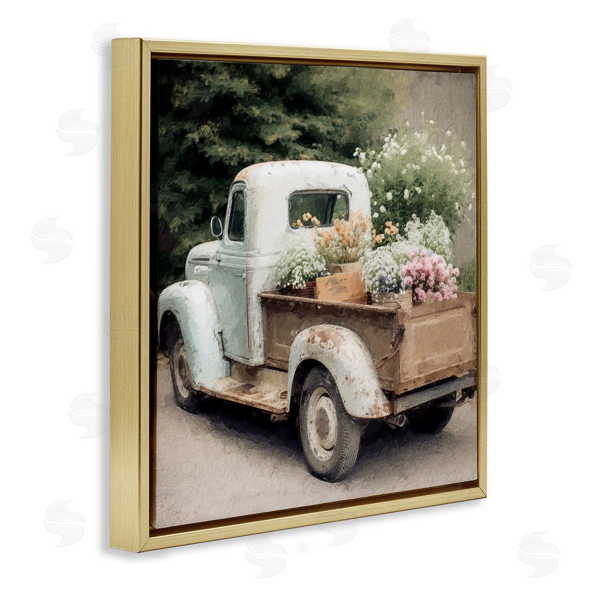 Country Florals in Truck Gold Floating Frame Canvas Wall Art, Home Decor by LSR Design Studio