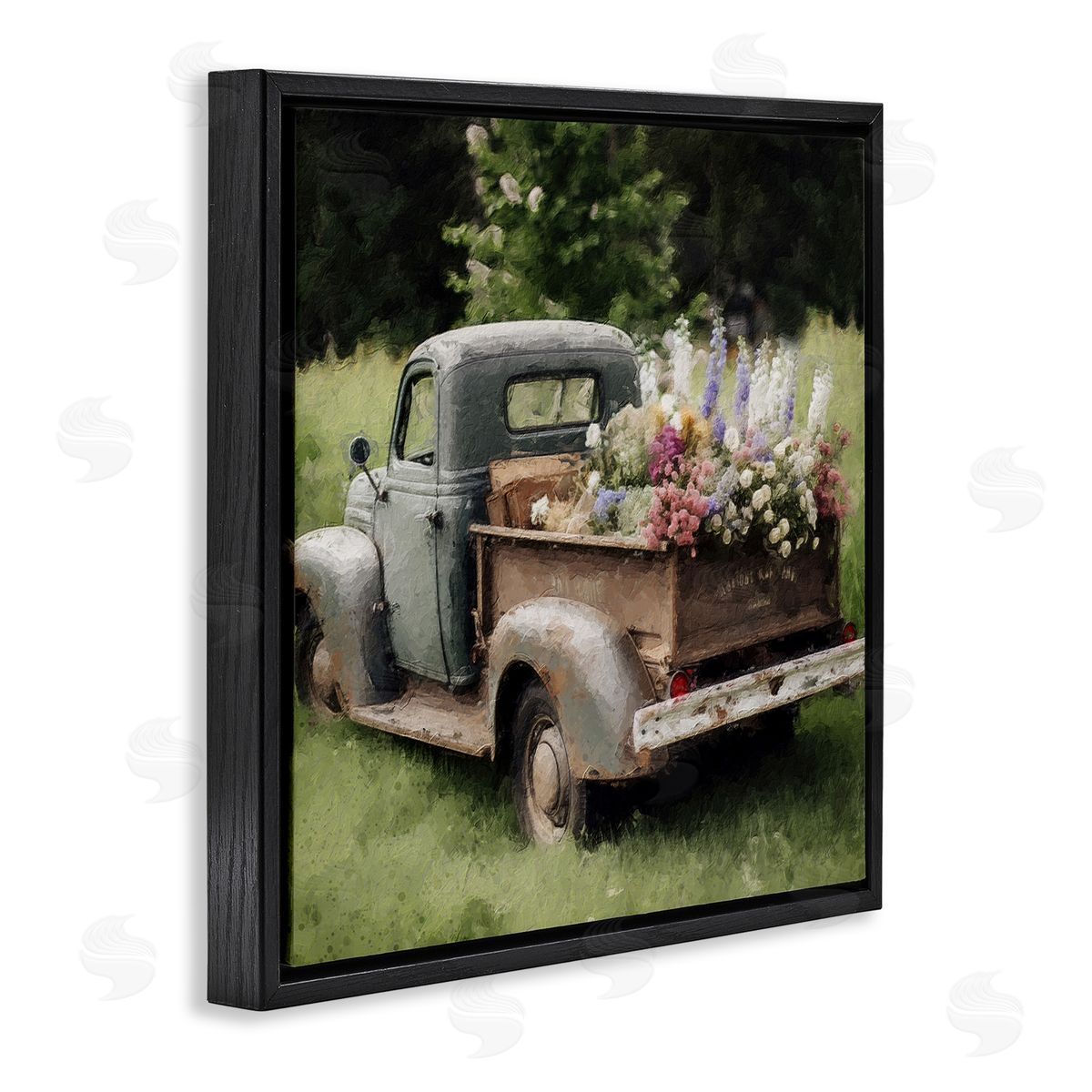 LSR Design Studio Rural Pickup with Flowers Black Floating Frame Canvas Wall Art Print
