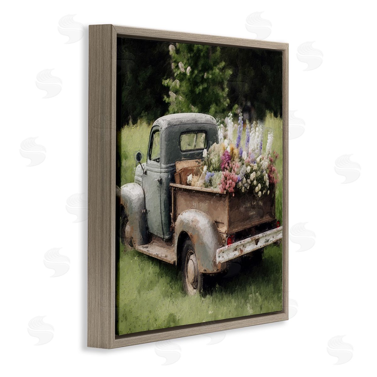 LSR Design Studio Rural Pickup with Flowers Brown Floating Frame Canvas Wall Art Print