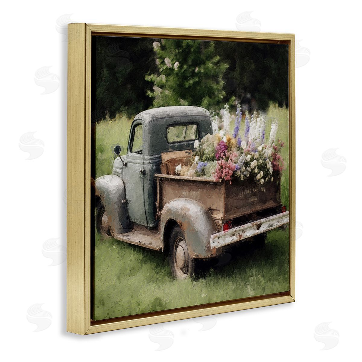 LSR Design Studio Rural Pickup with Flowers Gold Floating Frame Canvas Wall Art Print