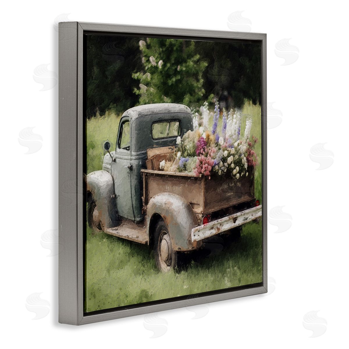 LSR Design Studio Rural Pickup with Flowers Gray Floating Frame Canvas Wall Art Print